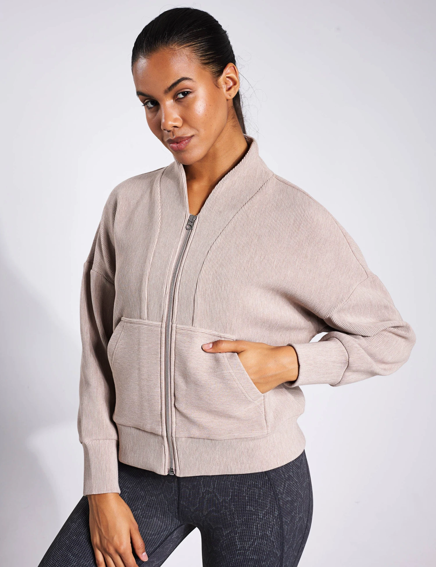 Varley Rosanne Zip Through Sweat - Taupe Marl 1 Varley Rosanne Zip Through Sweat - Taupe Marl