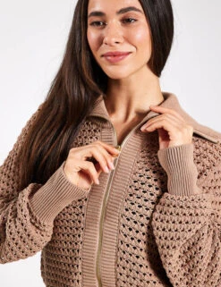 Varley Eloise Zip-Through Knit - Warm Taupe -Outlet Elevate Activewear Store Varley eloise full zip knit VAR01791 TAUPE 0030