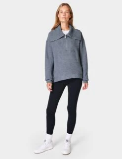 Sweaty Betty Restful Boucle Half Zip Sweatshirt - Steel Blue -Outlet Elevate Activewear Store sb8089 steelblue5