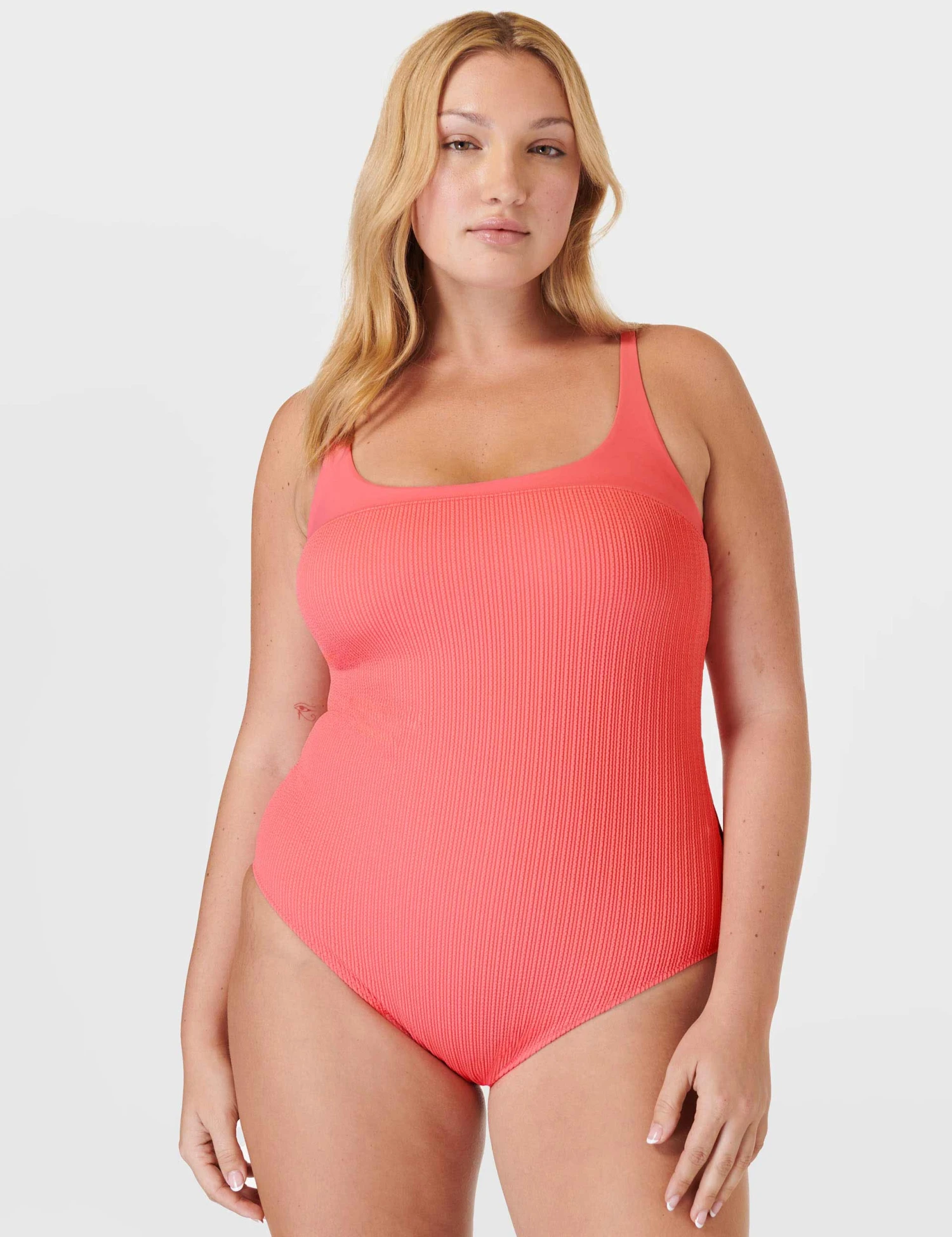Sweaty Betty Capri Crinkled Scoop Neck Swimsuit - Coral Pink 1 Sweaty Betty Capri Crinkled Scoop Neck Swimsuit - Coral Pink