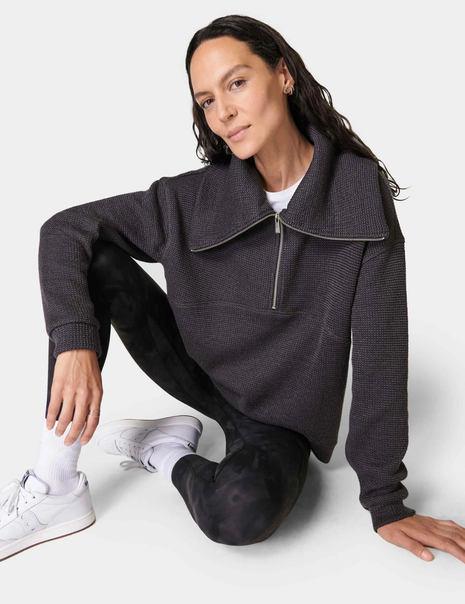 Sweaty Betty Restful Boucle Half Zip Sweatshirt - Urban Grey 1 Sweaty Betty Restful Boucle Half Zip Sweatshirt - Urban Grey