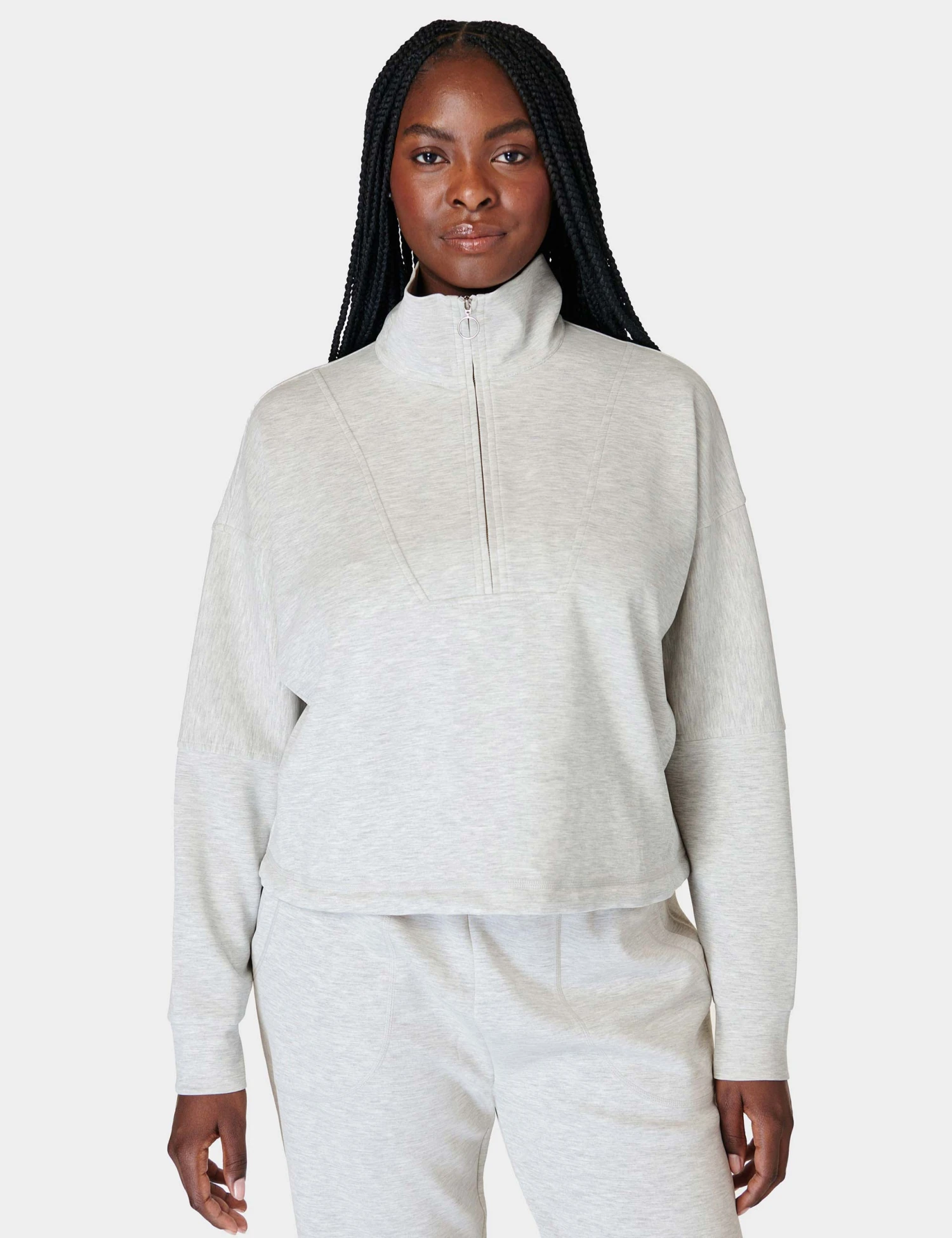 Sweaty Betty Sand Wash Funnel Neck Half Zip - Ice Grey Marl 1 Sweaty Betty Sand Wash Funnel Neck Half Zip - Ice Grey Marl
